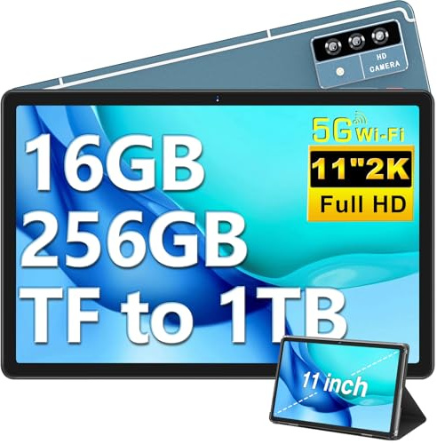 DEERTiME Tablette 11 Pouces Android OS Tablette Tactile, 16 Go RAM+256Go ROM/TF 1To, 2000 * 1200 FHD IPS, 8600mAh, 5G WiFi, 8 Cœurs, 2.0 GHz, 4 Haut-Parleurs, 5+13+2MP, AGPS, avec Cas - Bleu