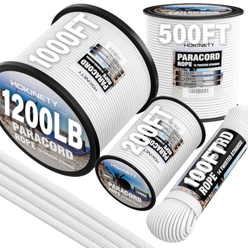 HOKINETY 1200 Paracord Rope - 4.4mm 14 Strand Nylon Parachute Spool para Cord Lanyard for Outdoor Camping Survival Utility Tent Crafting DIY Projects Fishing Clothsline Bracelet - White 100FT