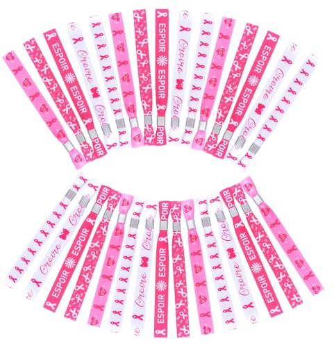 WANDIC 30 PCS Bracelet Ruban Rose, Bracelet Octobre Rose Contre Le Cancer du Sein Ajustable en Espoir Aimer Polyester Ensemble de Différents Motifs, pour La Sensibilisation Activités de Public