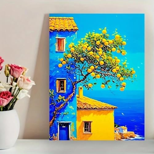 KEMEIQI Leinwanddruck mit mediterraner Landschaft, Poster mit künstlerischem Haus und Obstbaum, kreative Wandkunst, Dekoration für Wohnzimmer, Schlafzimmer, 50 x 70 cm, rahmenlos