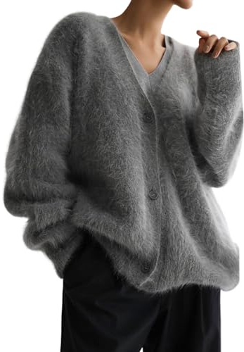 Wyeysyt Cardigan sfocato per le donne Slouchy V Neck Manica Lunga Button Down Oversize Casual Maglione Peloso 2025, Grigio, S