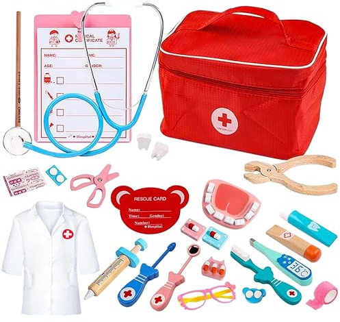 Souvik Arztkoffer Kinder aus Holz: 34-teiliges Doktor-Spielset mit Stethoskop, Arzttasche & Kittel – Rollenspiel Spielzeug & Geschenk ab 3 Jahren