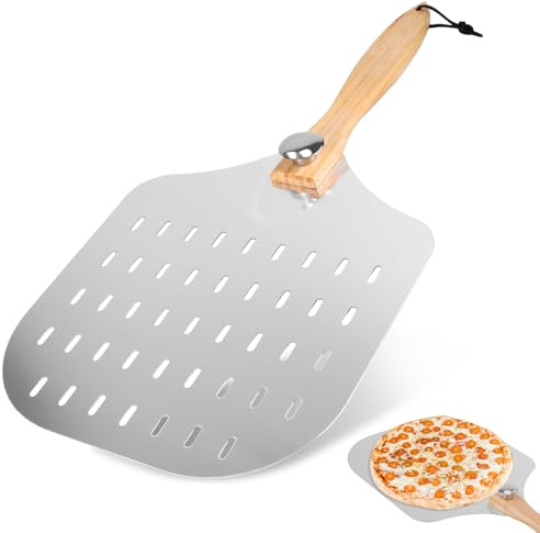 Pizza Peel 12 inch, Pizza Paddle with Wood Long Handle & Holes Pizzas Turning Peel, Metal Oven Tools for Baking Pizzas and Breads, 31x63 cm