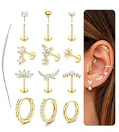 Adramata Helix Piercing Jewellery Surgical Steel Tragus Earrings Set Threadless Push In Flat Back Earrings Labret Nose Stud Cartilage Earring Hoops Silver Gold Conch Daith Tragus Piercing Jewellery