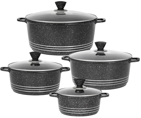 GRACE KITCHEN Cookware - 4Pc Die Cast Aluminium Non Stick Casserole Pots with Lids – Induction Stockpot Set for All Hobs – Tempered Glass Lids with Steam Vent