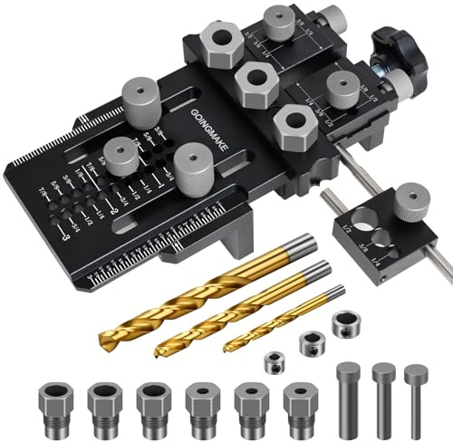 GOINGMAKE Dowel Jig Kit with Quick Positive Stop and Clamp, Adjustable Doweling Jig for Drill 1/4, 3/8 and 1/2 Inch Accurate Straight Dowel Holes, Fit Any Thickness Wood Joints, for Cabinet, Furniture