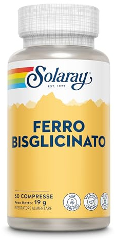 Solaray Bisglicinato di Ferro 25mg, 60 Compresse Vegane, Alta Efficacia
