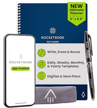 Rocketbook Flex wiederverwendbarer Planer, Executive-Größe, 15,2 x 22,6 cm, Marineblau | Intelligente undatierte Vorlagen für tägliche, wöchentliche und monatliche Jahreskalender, inklusive Stift und Handtuch