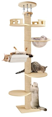 2,9-3,15m Arbre a Chat du Sol au Plafond, Arbre à Chat Réglable en Hauteur, Arbres a Chats XXL avec Griffoir en Chanvre à 6 Niveaux pour Haut et Robuste pour Intérieur Extérieur