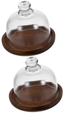 Cabilock Bandeja Multipropósito Soporte de Madera Redondo con Tapa de Vidrio Protector para Servir Postres y Aperitivos 2 Piezas para Pasteles en Casa o Eventos