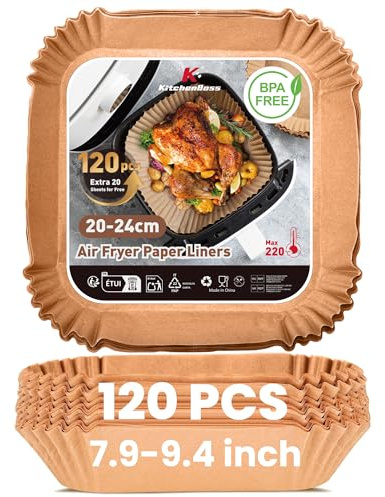 KitchenBoss Carta per Friggitrice ad Aria: 120 Pezzi Carta Forno Per Friggitrice ad Aria Quadrata 20-24cm Antiaderente Impermeabile Antiolio Air Fryer Accessori per Air Fryer Forno Padelle Microonde