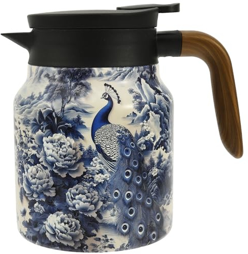 Kuanght 1000ml Insulated Teapot, Vintage Floral Pattern Insulated Tea Pot with Built In Infuser and Handle Stainless Steel Teapot with Lid for Coffee, Hot Tea and Beverage(Blue)