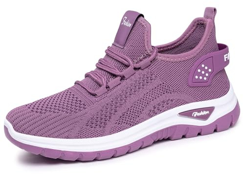 Gym skor dam sportskor gym slip-skor andas joggingskor halkfria promenadskor mesh ortopediska skor mjuk sula sneakers för breda fötter slip on sneakers, Lila1, 40 EU