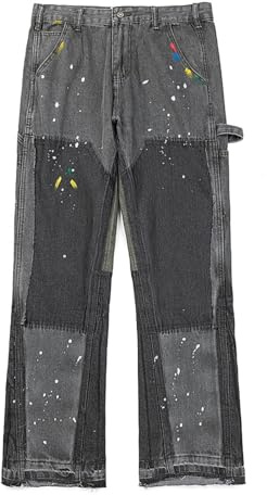 Genérico Jeans Hombre Estilo Carpenter con Patchwork Corte Recto Efecto Paint Splatter Pantalón Vaquero Streetwear-color2||s