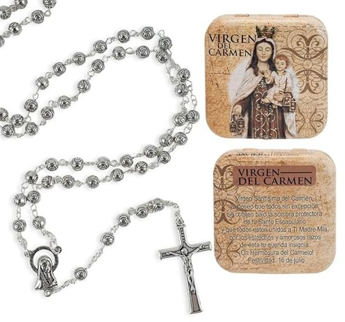 Rosario metal Virgen del Carmen con caja metalica 3x1x50 cm