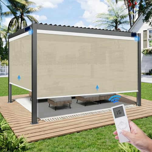 Tokblind Motorized Outdoor Roller Shade with Remote Control, Light Filtering Electric Exterior Solar Shade Wind Resistant, Rechargeable Smart Sun Blind Custom Size (3% Openness Light Coffee)