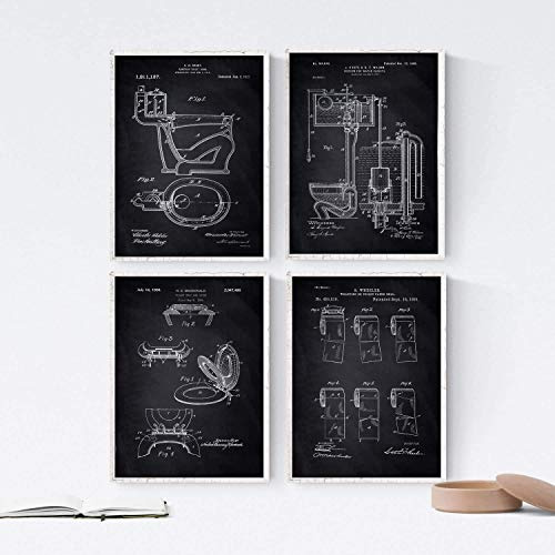 Nacnic 4 poster mit toilette patenten | posterset mit erfindungen und alten werkzeugen | bilder von papierrollen, toilettensitzen, schüsseln und spülkästen | waschbecken design für bad | größe a4.
