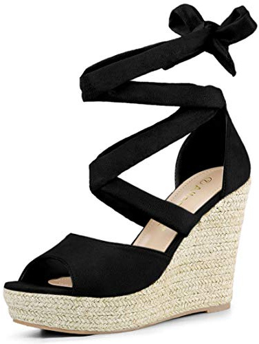 Allegra K Sandales compensées à Lacets pour Femmes Noir 38