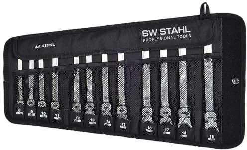 SW-Stahl 03530L Gabelringratschenschlüssel Satz 8-19 mm 12-teilg I Ringschlüssel mit Gelenk I 72 Zähne I Maulschlüssel mit Ringratsche I Ringratschenmaulschlüssel Set