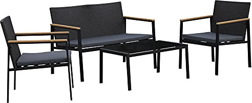 Outsunny Garten Möbelset, 4-teilige Sitzgruppe, Sitzgarnitur, 3 Sofa, Couchtisch, mit Sitzkissen, PP Rattan, Schwarz 108 x 66 x 75 cm