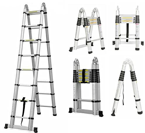 Scala Telescopica in Alluminio, 1,9 m + 1,9 m, Scala Pieghevole Antiscivolo, Salvaspazio, Scaletta Telescopica Pieghevole per interni ed esterni, 150 kg di portata, EN131