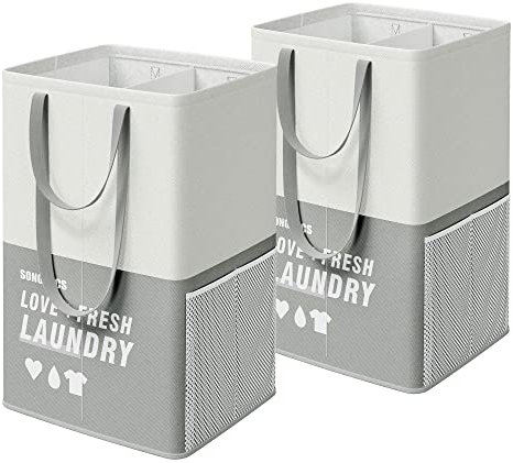 SONGMICS Wäschekorb 2 Fächer, 90 Liter, 2er Set, Wäschesammler groß, Wäschesack, stehend, faltbar, Wäschesortierer, 2 kurze, 2 lange Griffe, Waschküche, Schlafzimmer, Badezimmer, hellgrau LCB209G12