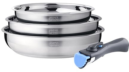 Arthur Martin AM2208 - Set di 3 padelle in acciaio INOX (20-24-26 cm), manico rimovibile per tutti i piani cottura, inclusa induzione