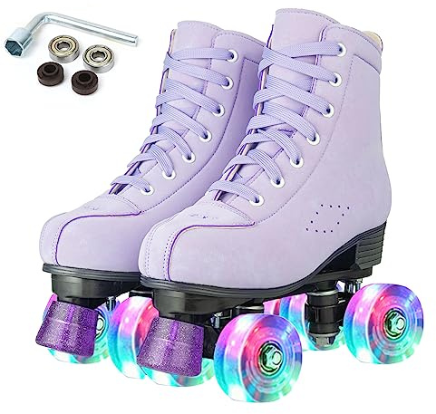 XUDREZ Women Roller Skates High Top Shoes Double Row Shiny Roller Derby Skates Four Wheel Unisex PU Classic Skates for Beginner Indoor Outdoor (Light purple flashing wheel,EUR37-Uk4.5)