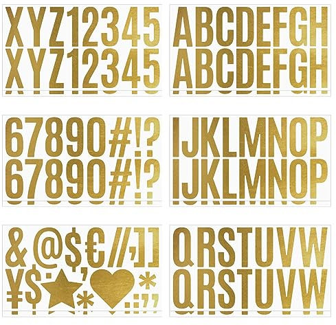 Bekecidi 12 ark guld alfabet bokstavsklistermärken, självhäftande vinyl bokstäver siffror klistermärken kit, 6,3 cm vattentät symbol brevlåda siffror klistermärke för skyltar dörr bilar adressnummer