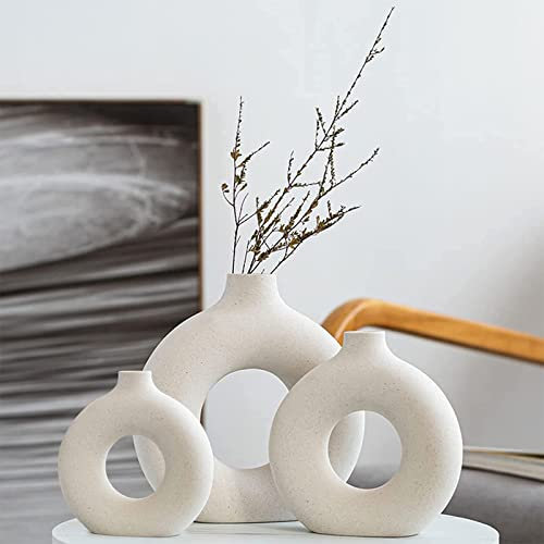 Vasen Deko- Weiße Donut Keramik Vasen Set 3,Vase für Pampasgras Modern Skandinavische Deko,Boho Beige Vase für Wohnzimmer,Flur,Hochzeit,Fensterbank,Tisch,Party Home Deko……