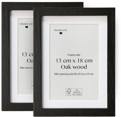 Framelane Set of 2 Bilderrahmen 13x18 Schwarz - FSC-Zertifiziertes Eichenholz, Mit Passepartout, Kratzfestes & Bruchsicheres Acrylglas, Für Tisch Oder Wand, Bilderrahmen Für Hochformat & Querformat