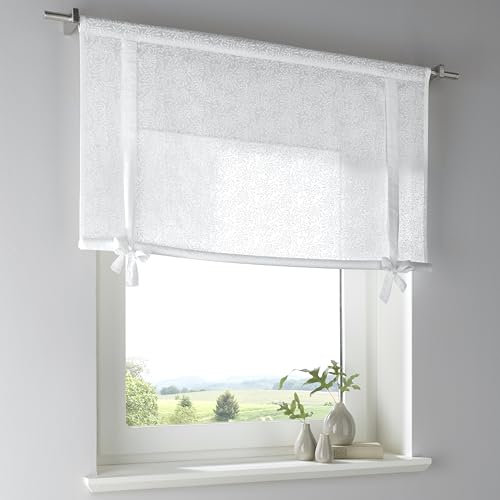 Raffgardine Lille aus 100% Baumwolle, halbtransparent, weiß mit bedrucktem floralem Muster. Tunnelzug. Bindebänder mit romantischer Schleife, Breite 120 x Höhe 100 cm