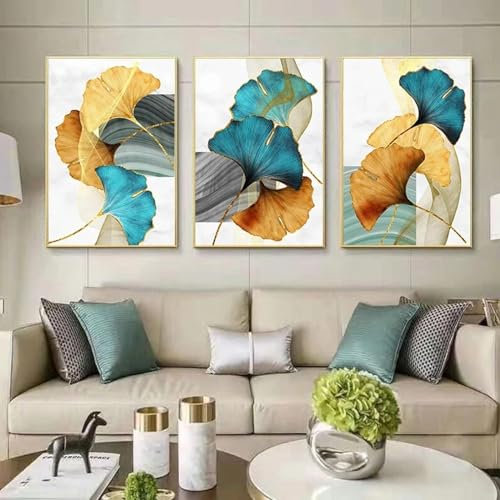 CHAOJIART Blau Grün Gelb Blattgold Pflanze Blume Leinwand Poster Druck Abstrakte Wandkunst Malerei Moderne Wohnzimmer Dekor Bilder 60x90cm (24x35in) x3 Rahmenlos