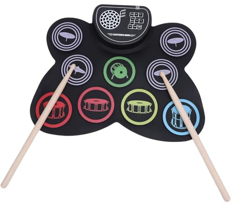 Nurnesy Elektronisches Schlagzeug-Set, tragbares wiederaufladbares elektronisches Schlagzeug-Set – Roll-Up-Set mit 9 Pads mit Pedalen, Stäbchen und Doppel-Lautsprechern für Anfänger