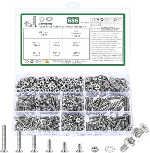 YOUYIDUN 585 Pcs M4 Vis à Tête Fraisée Cruciforme et Écrous, Boulons et Écrous et Rondelles, Vis à Tete Plate en Acier au Carbone (Argent)