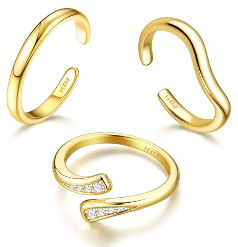 Milacolato 3PCS 14K Anelli da Piede Riempiti in Oro per Le Donne Regolabile Anello di Puntas Set Banda Aperta Classico CZ Hawaiian Summer Beach Foot Jewellery