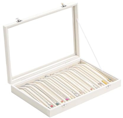 14 Haken Halsketten-Aufbewahrungstablett, Samt-Halsketten-Organizer-Box mit transparentem Deckel, Schmuck-Organizer-Schubladenablage für Anhänger und Halsketten, für Damen und Mädchen (Beige)
