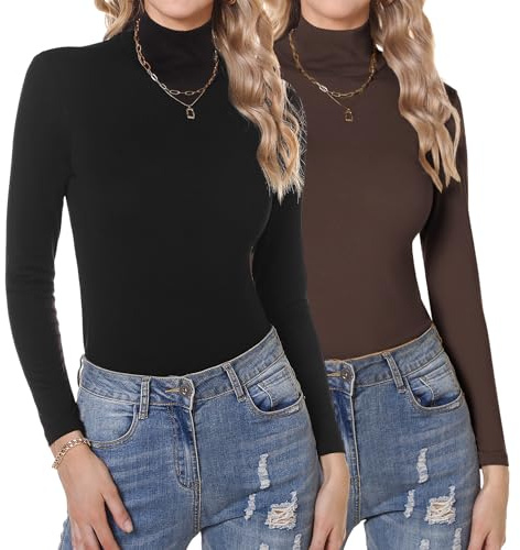 Aottori 2er Pack Langarmshirt Damen Rollkragen Slim Fit Stretch | Rollkragenshirt Set, Oberteile Langarm, Basic Tops, Casual, Einfarbig, Herbst Winter, für Alltag Freizeit Büro