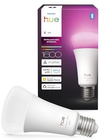 Philips Hue Ampoule connectée LED A67, White and color, Ampoule E27, 11,8W, Spectre complet 1000-2000 K, 1600 lm, Intensité variable, Compatible Alexa, Google et Apple Home, pack de 1