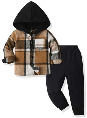 UUAISSO Vestiti Neonati per Bambini Top Ragazzi Plaid Felpa con Cappuccio Pantaloni Abiti Autunnali Invernali Nero 2-3 anni