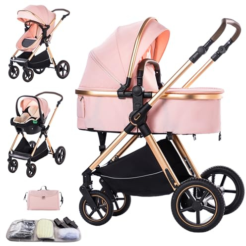 Shineey Stroller 3 in 1 Travel System Aluminium Frame High Landscape Combined Strollers Lightweight Folding Pram for Newborns Toddlers 0-36 Months from Birth Aluminium Pushchair (D2/Pink, H2-D)