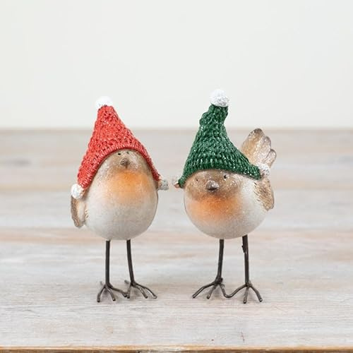 Portland Living Robin Ornament Pair – 13cm Festive Red & Green Woolly Hat Birds for Christmas Décor
