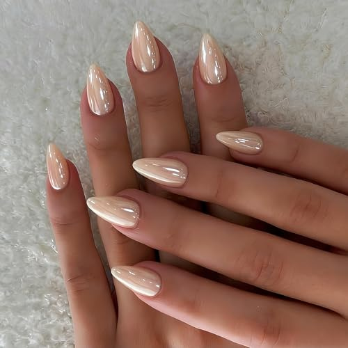 KQueenest Chrome Nude Press on Nails Kurz Mandel, Glänzend Glitzer Nägel zum Aufkleben Spitz, Glasiert Niedlich Fake Nails mit Sparkle Design, Dick Natürlich Einfarbig Künstliche Nägel 30 Stück