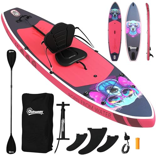 Outsunny Tavola Sup Gonfiabile Adulti, 335 cm Extra-Lunga Stand Up Paddle Board con Sedile, Pagaia Convertibile, Ponte Antiscivolo, Zaino, Pompa, 3 Pinne, Custodia Telefono Impermeabile, Carico 180kg