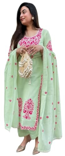 GoSriKi Kurta set för kvinnor viskos broderad | kurta byxor dupatta-set | Straight kurti set för kvinnor | rund hals 3/4 ärm etnisk kostym | Designer indianer kurti outfit med byxor, backar, L