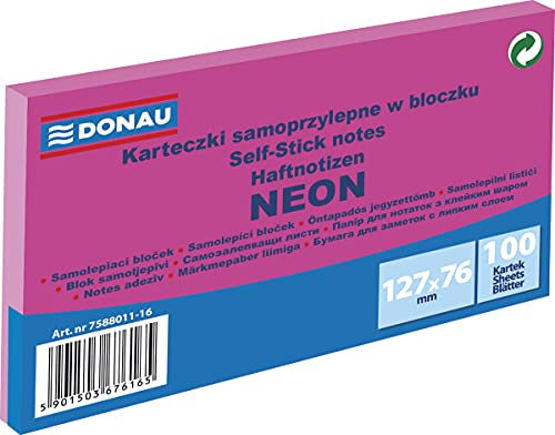 DONAU 7588011-16 Notes Würfel Haftnotizen Neon-Rosa Selbstklebende Haftnotizzettel Sticky Notes 127x76mm, 1x100 Blatt, Notizblock klebend für Büro Schule