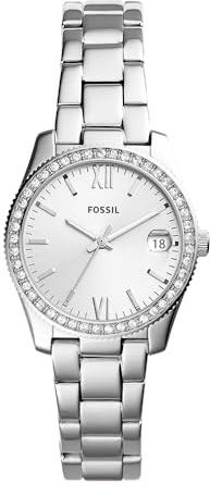 Fossil Scarlette Reloj para mujer, movimiento de cuarzo con correa de acero o piel, Tono plata y blanco con purpurina, 32MM