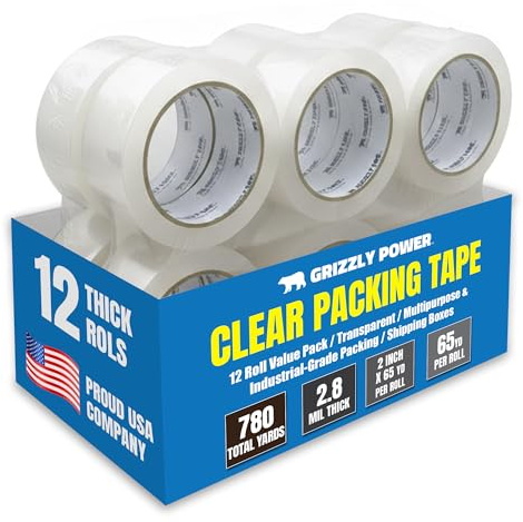 Grizzly Power Clear Packing Tape (12 Rolls) | Heavy Duty Packing Tape (2 Inch x 65 Yards) | 2.8mil Thick Strong Adhesive for Moving Boxes, Shipping Cartons, Office Use, Storage & Wrapping (780 Yards)
