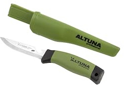 Altuna - Poignard polyvalent - Modèle 8455 - Lame dentelée 10 cm - Longueur 21,5 cm - Acier inoxydable - Fourreau et décapsuleur inclus - Couleur noir et vert - Accessoires et entretien