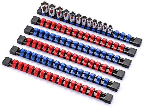 CASOMAN 6 Pieces 3/8 Drive Socket Organizer Rails, SAE And Metric Socket Holder Rail, Red & Blue Premium Quality Socket Holder, Mountable Sliding Tray Rack Tool Rail Holder, For 3/8-inch Socket Only